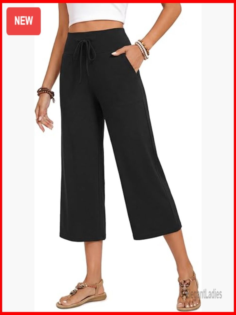 High Waisted Wide Leg Capri Pants With Pockets Casual Drawstring Summer